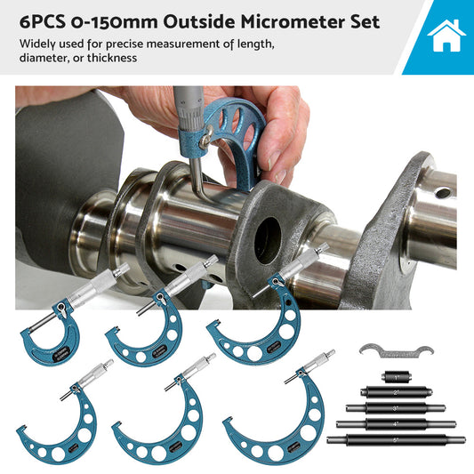 6pcs or set 0-150mm Precision Outside Micrometer Machinist Tool Set Carbide 0.01mm