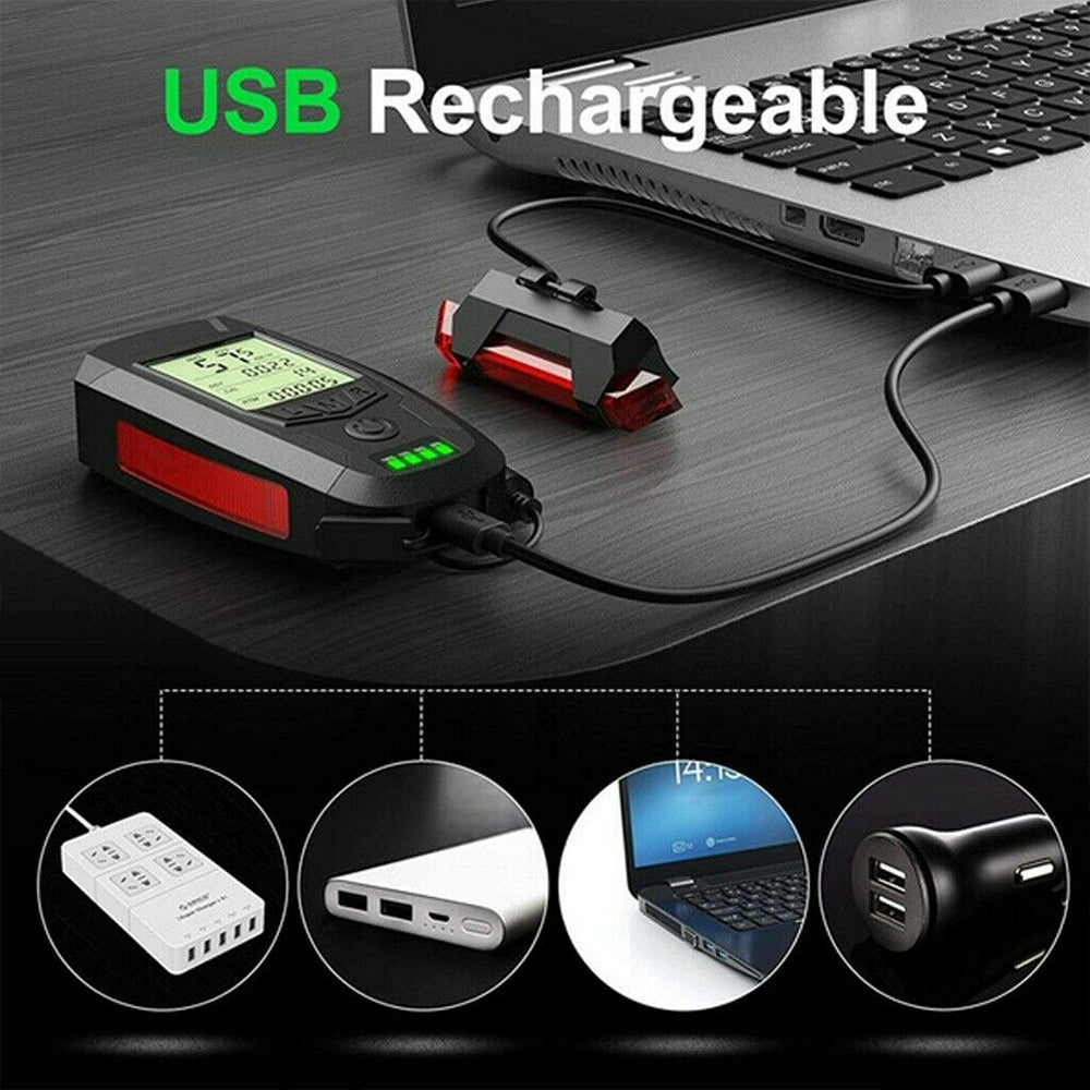 USB Rechargeable LED Bicycle Headlight w/Horn Speedometer Bike Front Head Light