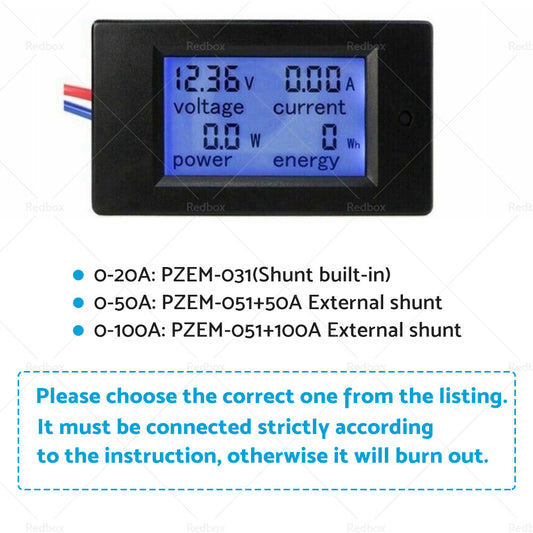 DC 6.5~100V 20-50-100A LCD Digital Combo Panel Display Volt Amp Power Watt Meter