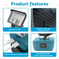 3in LED Work Light Suitable For Makita 18V Li-Ion Battery Workshop Flashlights