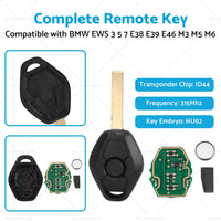 Remote Key Fob 315MHz ID44 Suitable For BMW EWS 3 5 7 E38 E39 E46 M3 M5 M6 HU92