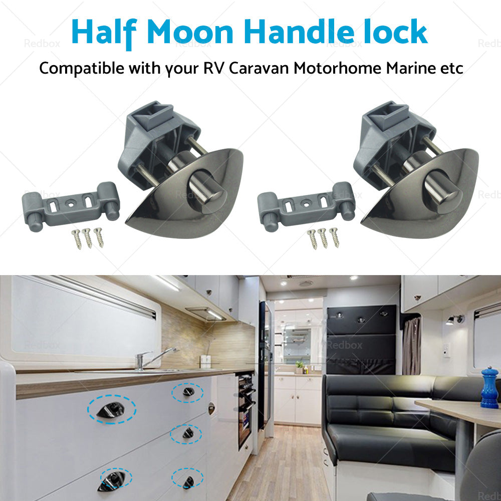 2x Zinc Alloy Half Moon Handle Push Lock Knob For Camper RV Kitchen Cabin Black