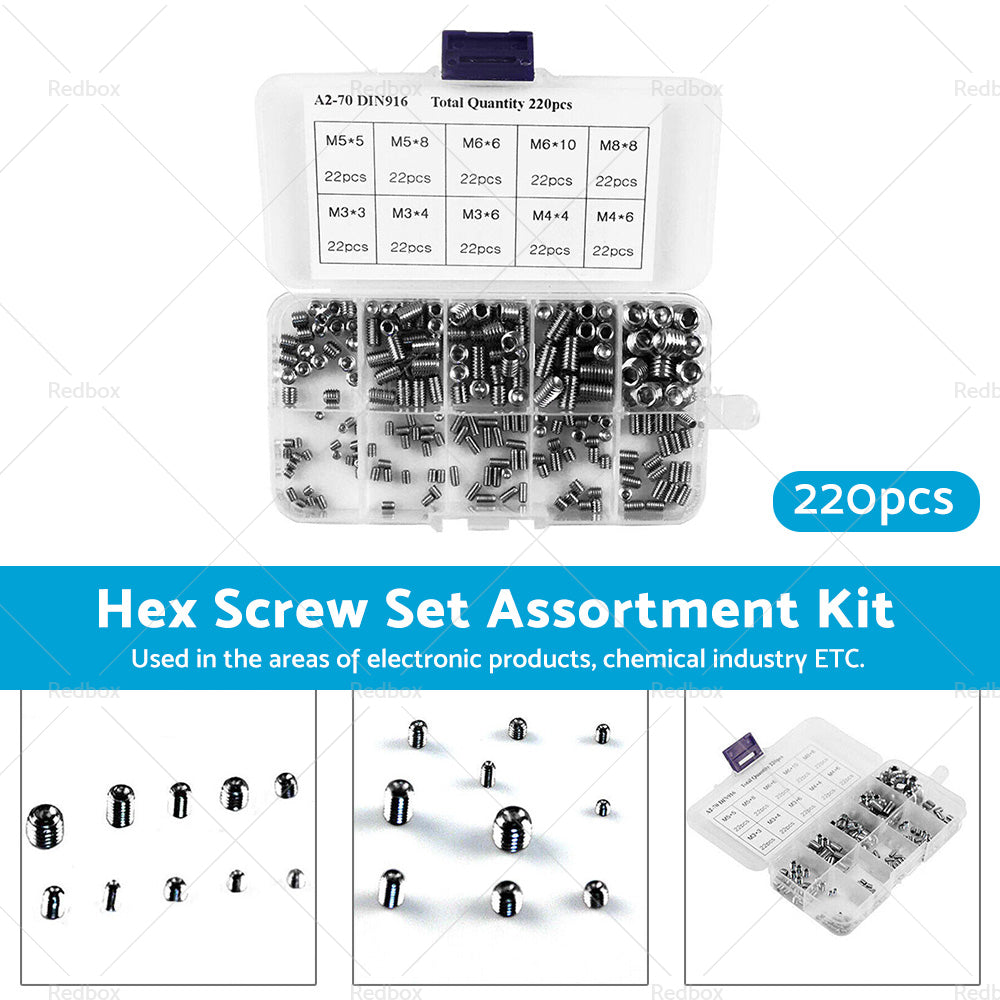 220Pcs Stainless Steel Allen Head Socket Set Grub Screws Assortment Kit