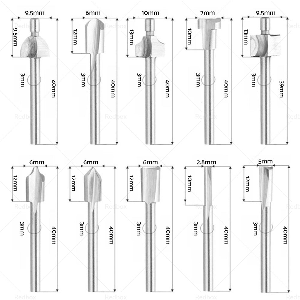 Set of 10 3mm Titanium Mini Hss Router Bit Trimmer Shank Electric Trimmer Tool