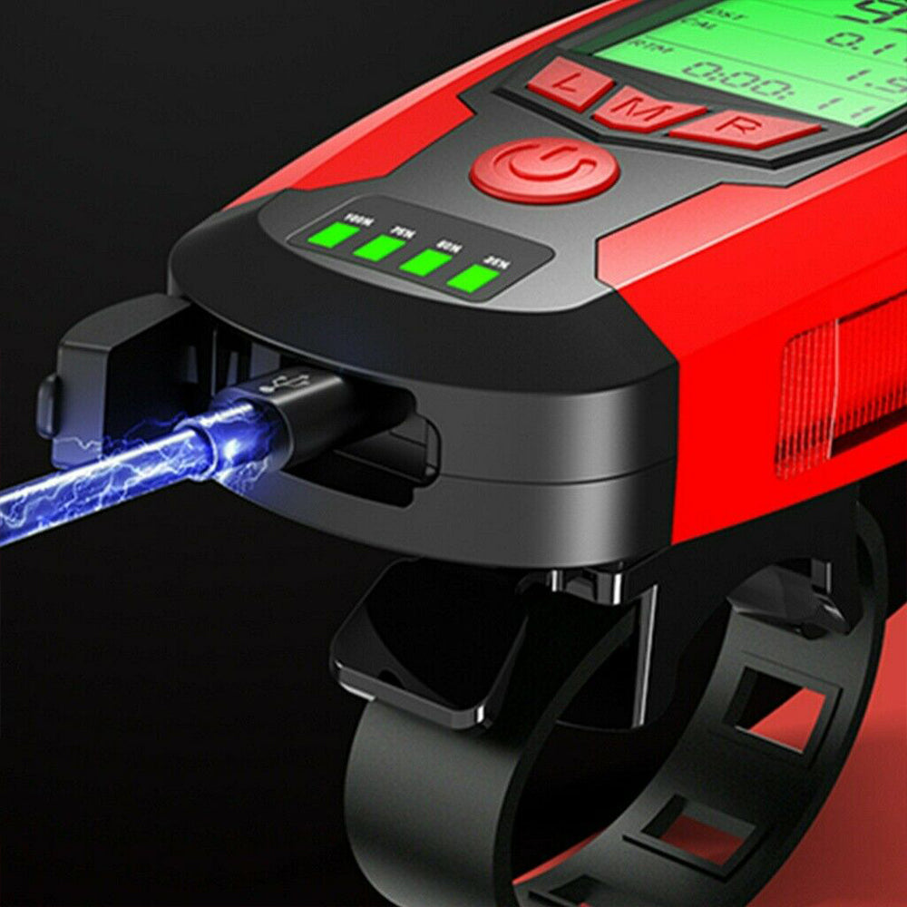 LED Bicycle Headlight with Horn and Speedometer USB-Rechargeable Front Bike Light Suitable For Bicycles
