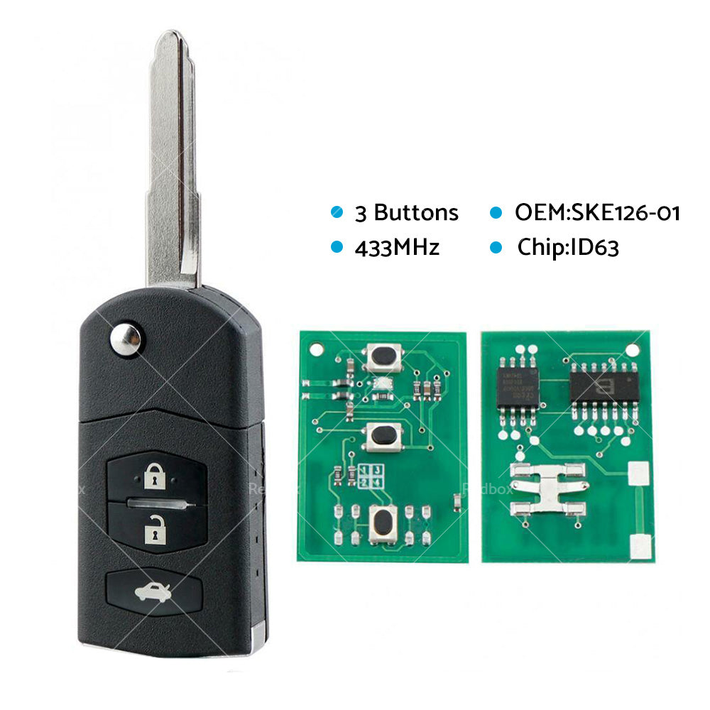 3 Buttons Complete Remote Car Key 433MHz ID63 80Bit Chip Fits For Mazda 2 3 6