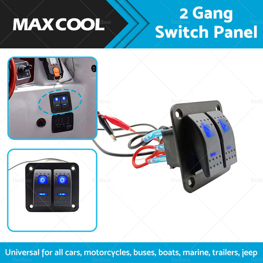 2 Gang Blue LED Light Rocker Switch Panel Dual LED Boat Car Waterproof