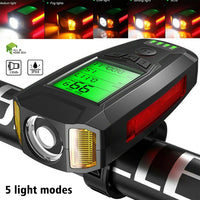 USB Rechargeable LED Bicycle Headlight w/Horn Speedometer Bike Front Head Light