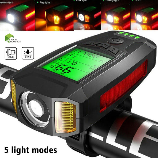 USB Rechargeable LED Bicycle Headlight w/Horn Speedometer Bike Front Head Light