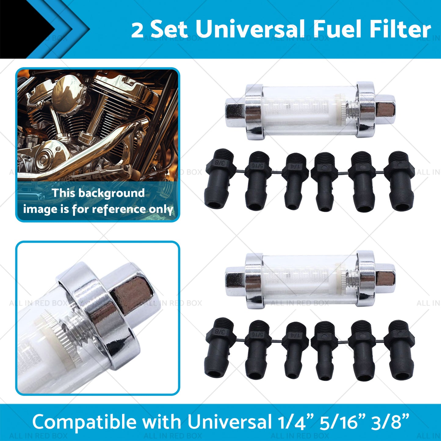 2x Reusable Washable Fuel Filter Chrome Glass Inline Suitablefor 1 4inch 5 16inch 3 8inch