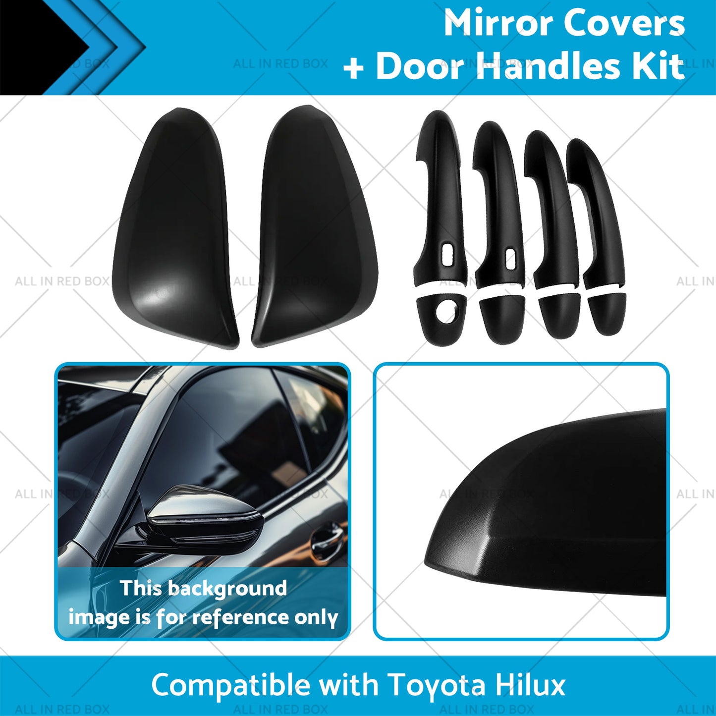 Black Mirror Covers  Door Handles Kit Suitable for Toyota Hilux 2015 - 2023