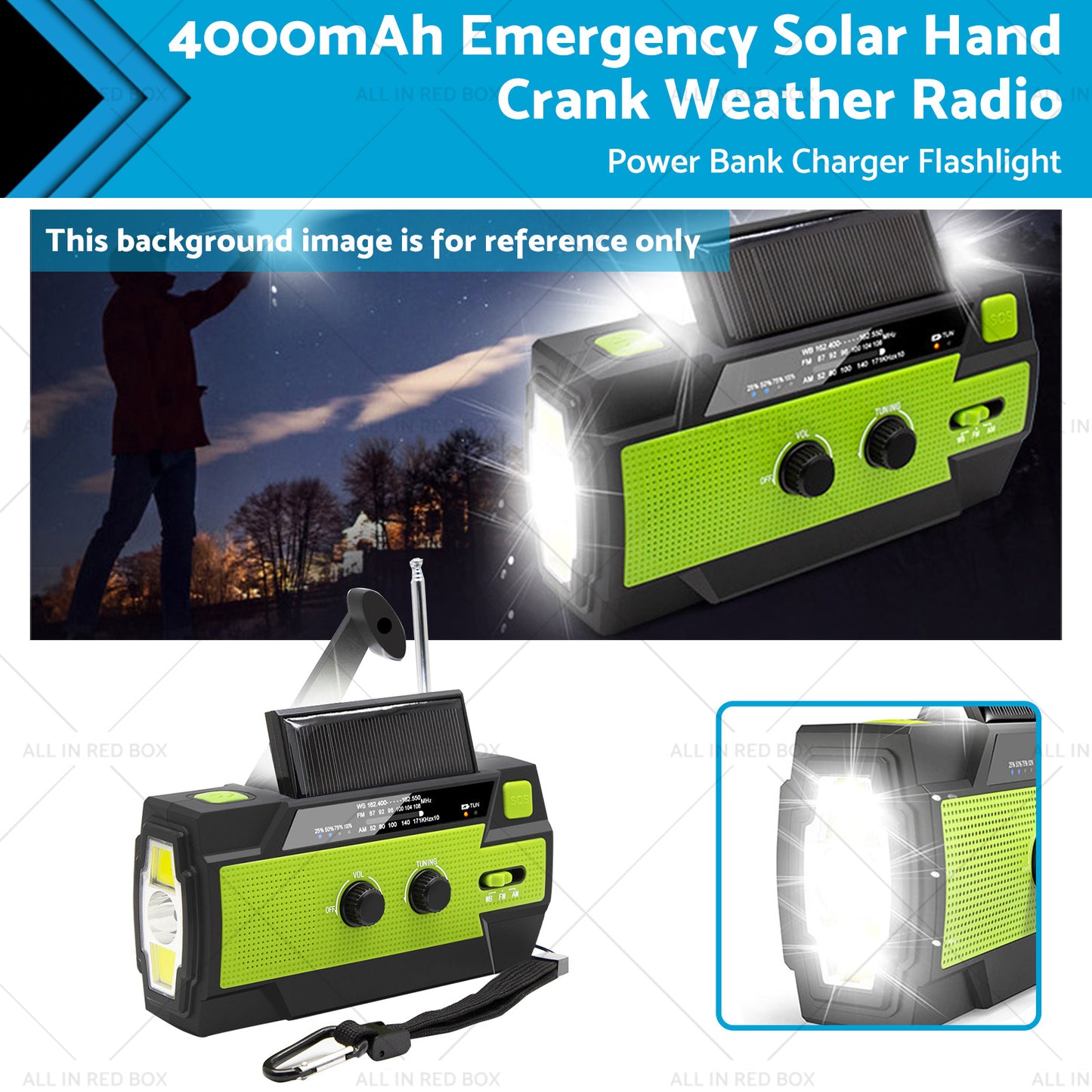 4000mAh Emergency Solar Hand Crank Weather Radio Power Bank Charger Flashlight