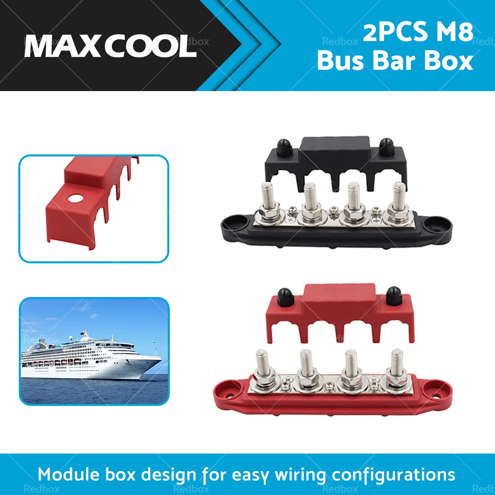 2PCS M8 4 Post 250A DC 48V Studs Bus Bar Power Distribution Box Terminal Block