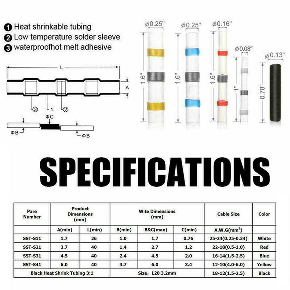 Solder Seal Sleeve Heat Shrink Butt Wire Connectors Terminals Waterproof