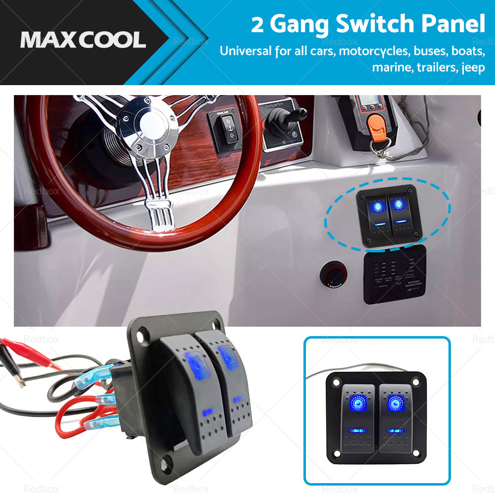 2 Gang Blue LED Light Rocker Switch Panel Dual LED Boat Car Waterproof