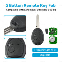 2 Button Remote Key Fob 433MHz ID73 Suitable For Land Rover Discovery 2 99-04