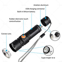 1pcs Black USB Rechargeable LED Flashlight Waterproof Torch Outdoor