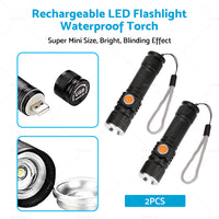 2PCS USB Rechargeable LED Flashlight Waterproof Torch Black