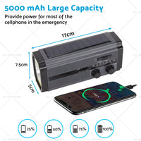 Solar Hand Crank Radio Emergency Weather 5000mAh Power Bank Flash Light Black