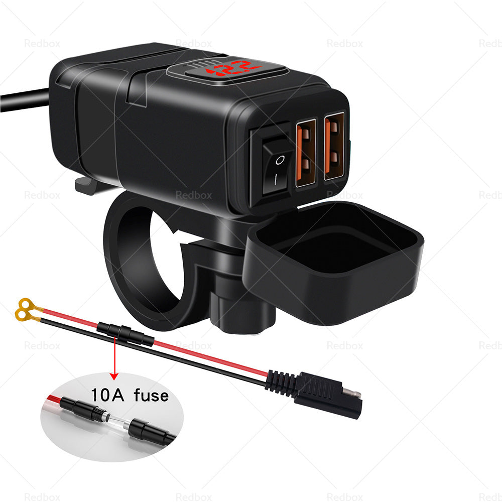{{ Dual USB Port Motorcycle Fast Charger Socket LED Voltmeter Display ON OFF Switch }} - Buy Car Parts Online at {{ Kaka Auto Parts }}.