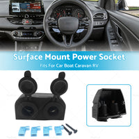 12V-24V DOUBLE SURFACE MOUNT DUAL POWER SOCKET BLACK Cigarette Boat Caravan RV