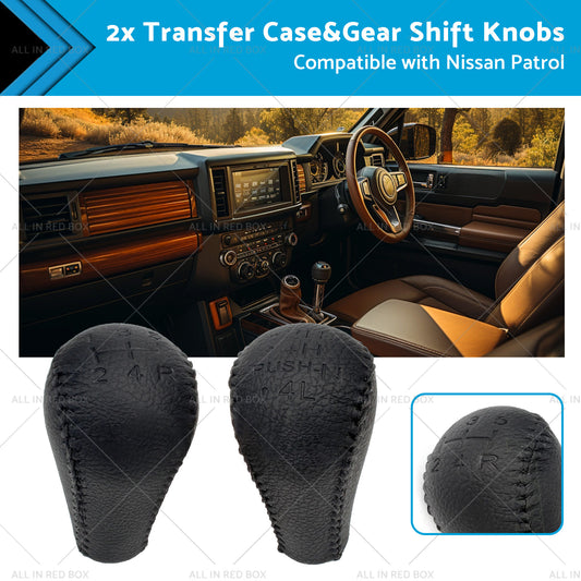 Black 2x Leather Transfer Case and Gear Shift Knobs Suitable for Nissan Patrol GQ GU