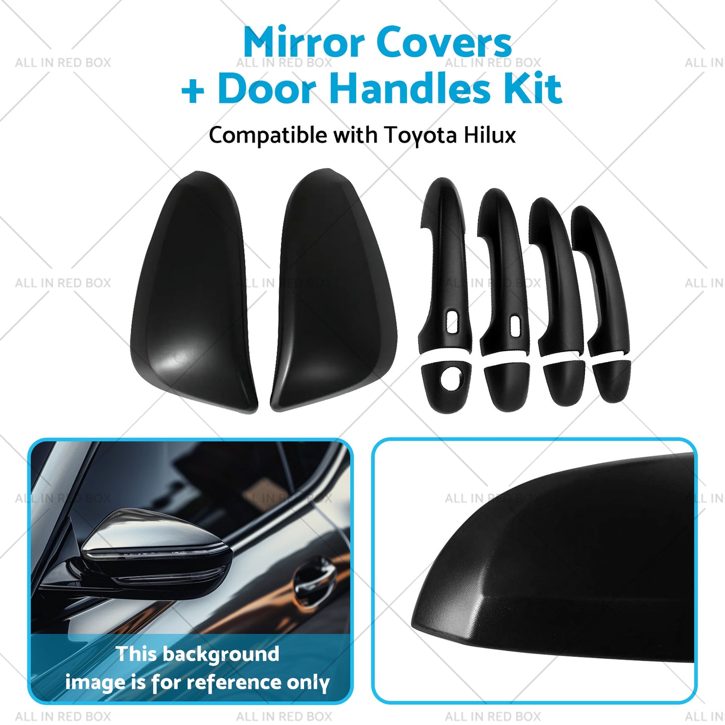 Black Mirror Covers  Door Handles Kit Suitable for Toyota Hilux 2015 - 2023