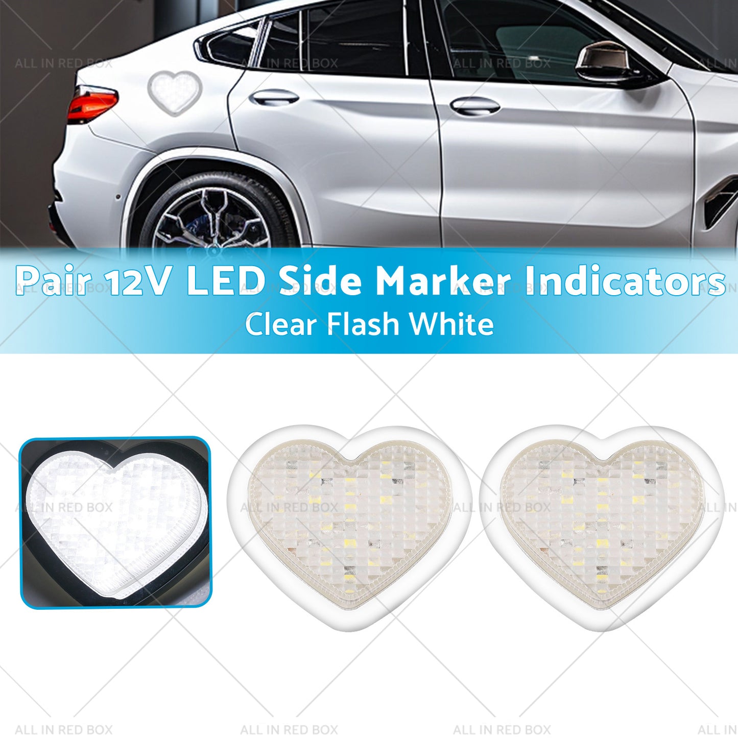 {{ Heart Pair 12V LED Side Marker Indicators Clear Flash White }} - Buy Car Parts Online at {{ Kaka Auto Parts }}.