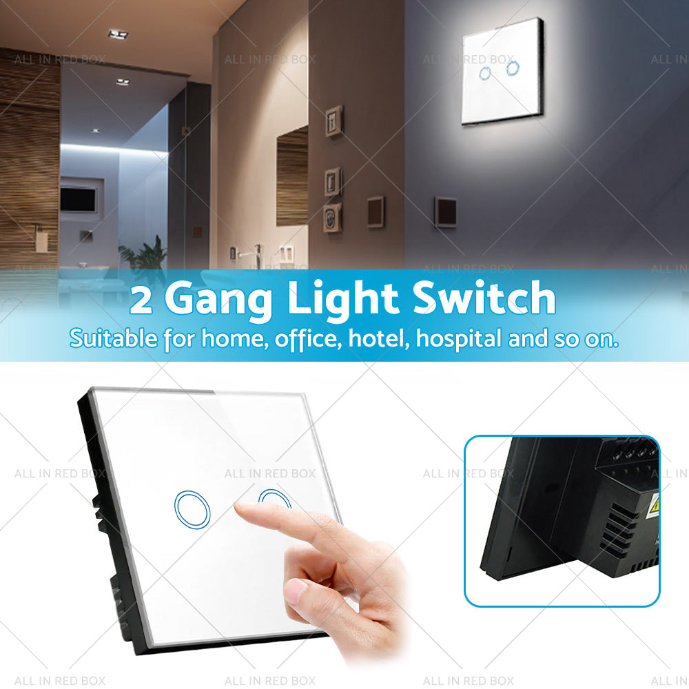 87x87mm Touch Wall Light Switch LED 2 Gang 1way Touch Glass Switch