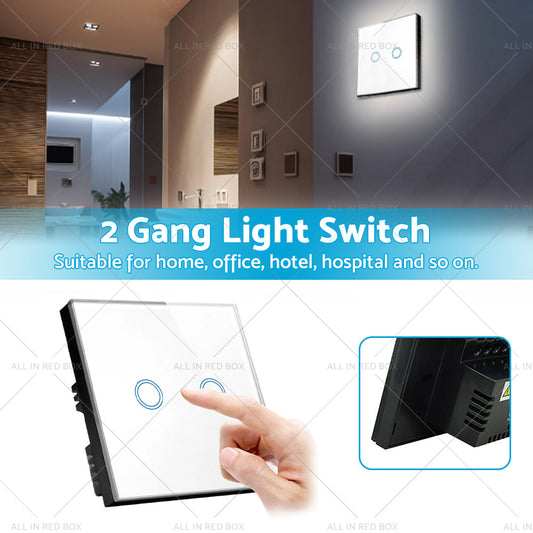 87x87mm Touch Wall Light Switch LED 2 Gang 1way Touch Glass Switch