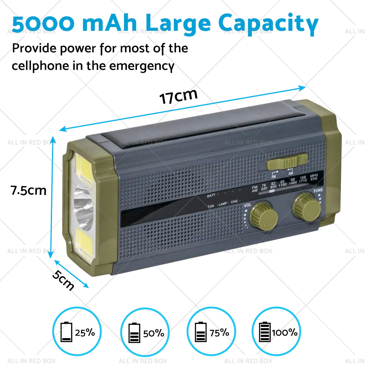 Solar Hand Crank Radio Emergency Weather 5000mAh Power Bank Charger Flash Light