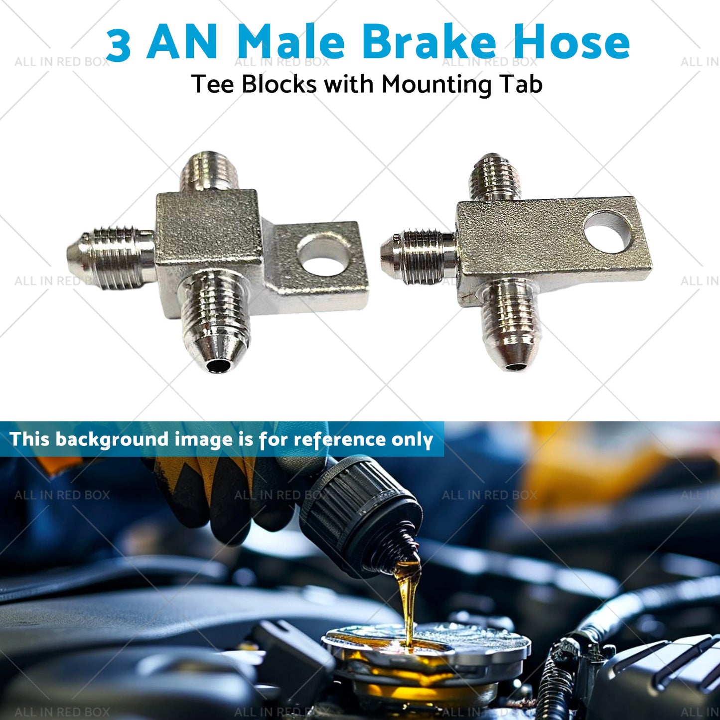 Pair of Stainless Steel - 3 AN Male Brake Hose Tee Blocks with Mounting Tab