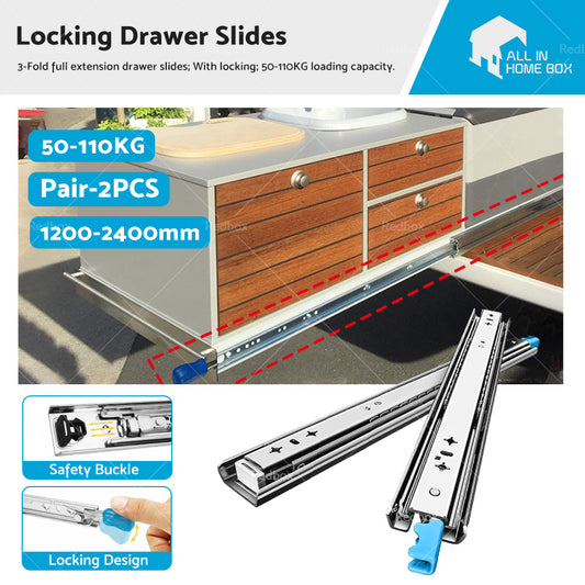 PAIR 90KG Loading Capacity Locking Drawer Slide Runner Trailer 800mm or 1600mm