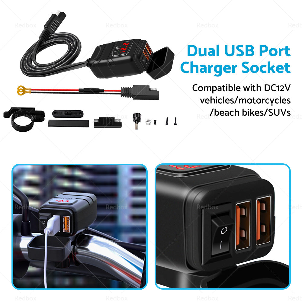 {{ Dual USB Port Motorcycle Fast Charger Socket LED Voltmeter Display ON OFF Switch }} - Buy Car Parts Online at {{ Kaka Auto Parts }}.