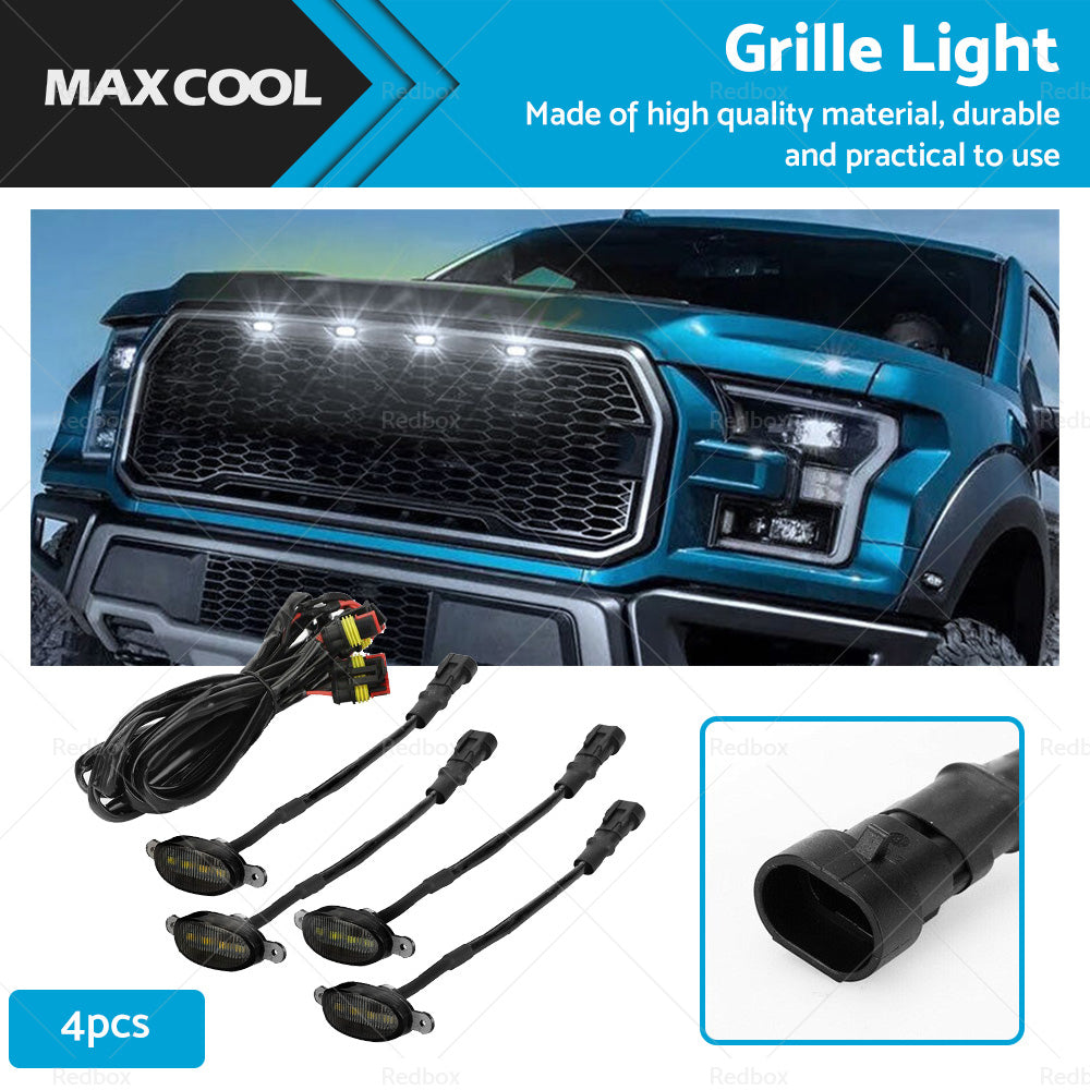 4x Front Grille Smoked Lens White LED Lamp Running Light Raptor Style Grill Trim