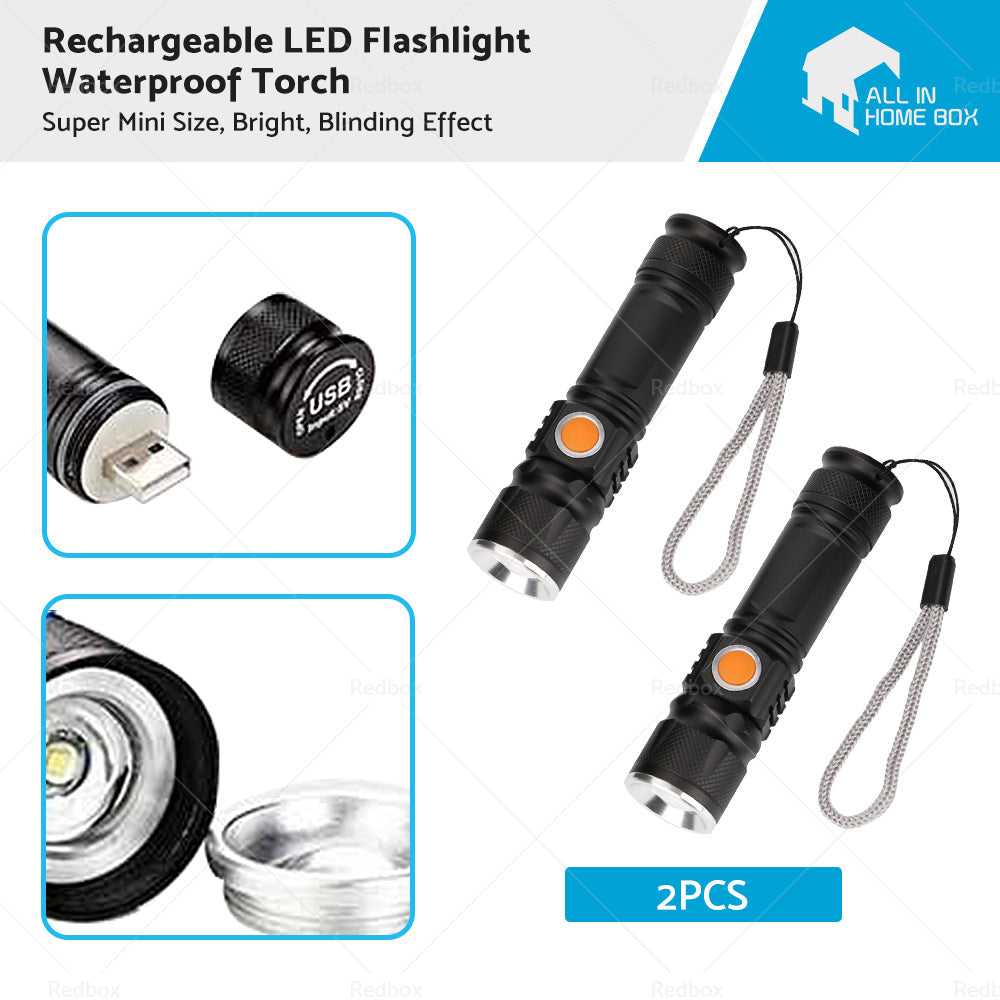 2PCS USB Rechargeable LED Flashlight Waterproof Torch Black