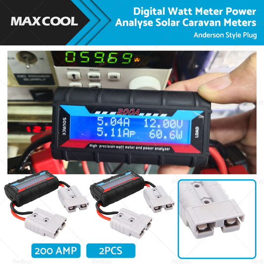 2 x Digital Watt Meter 200 Amp Power Analyser Solar Caravan Anderson Style Plug