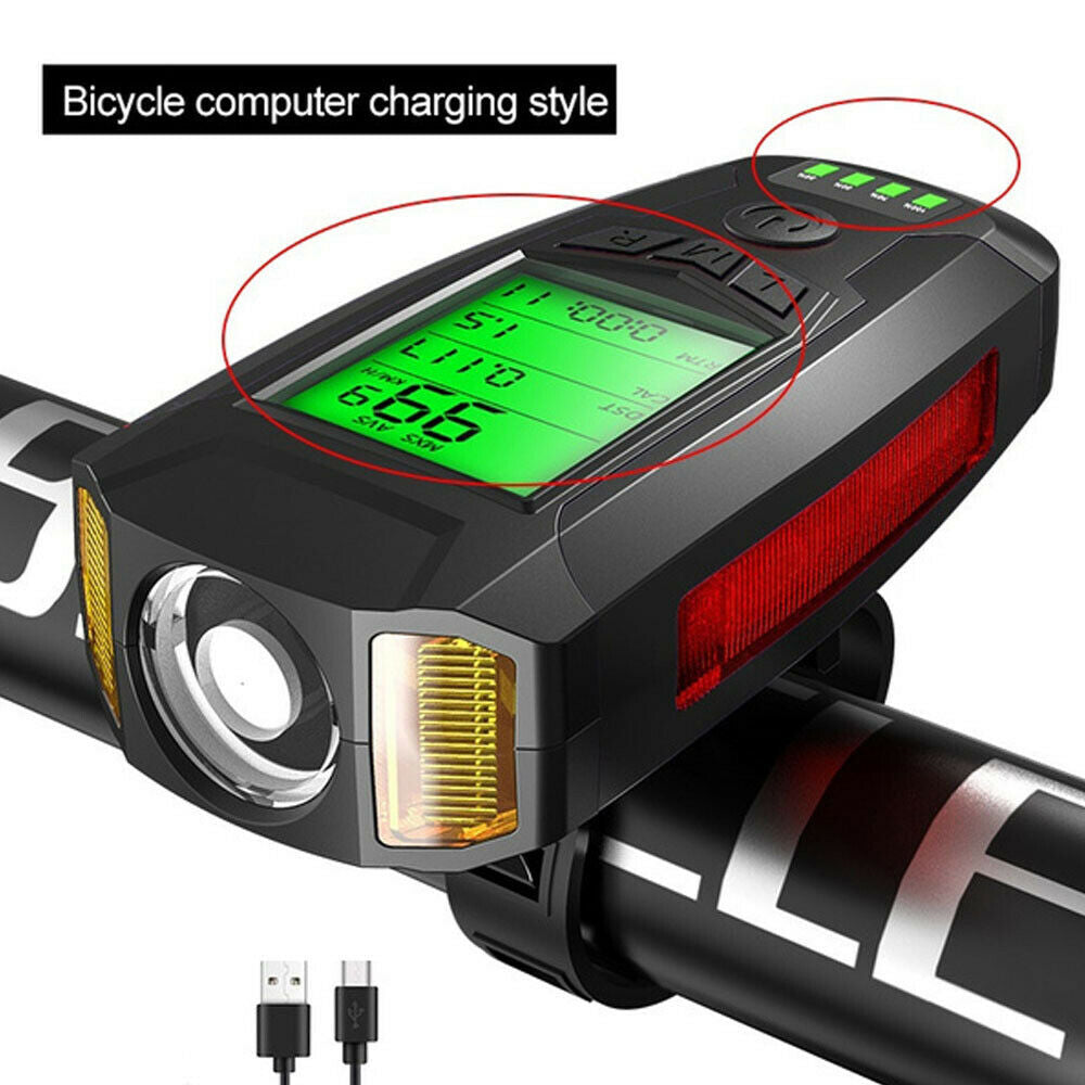 USB Rechargeable LED Bicycle Headlight Bike Front Head Light w or  Horn Speedometer