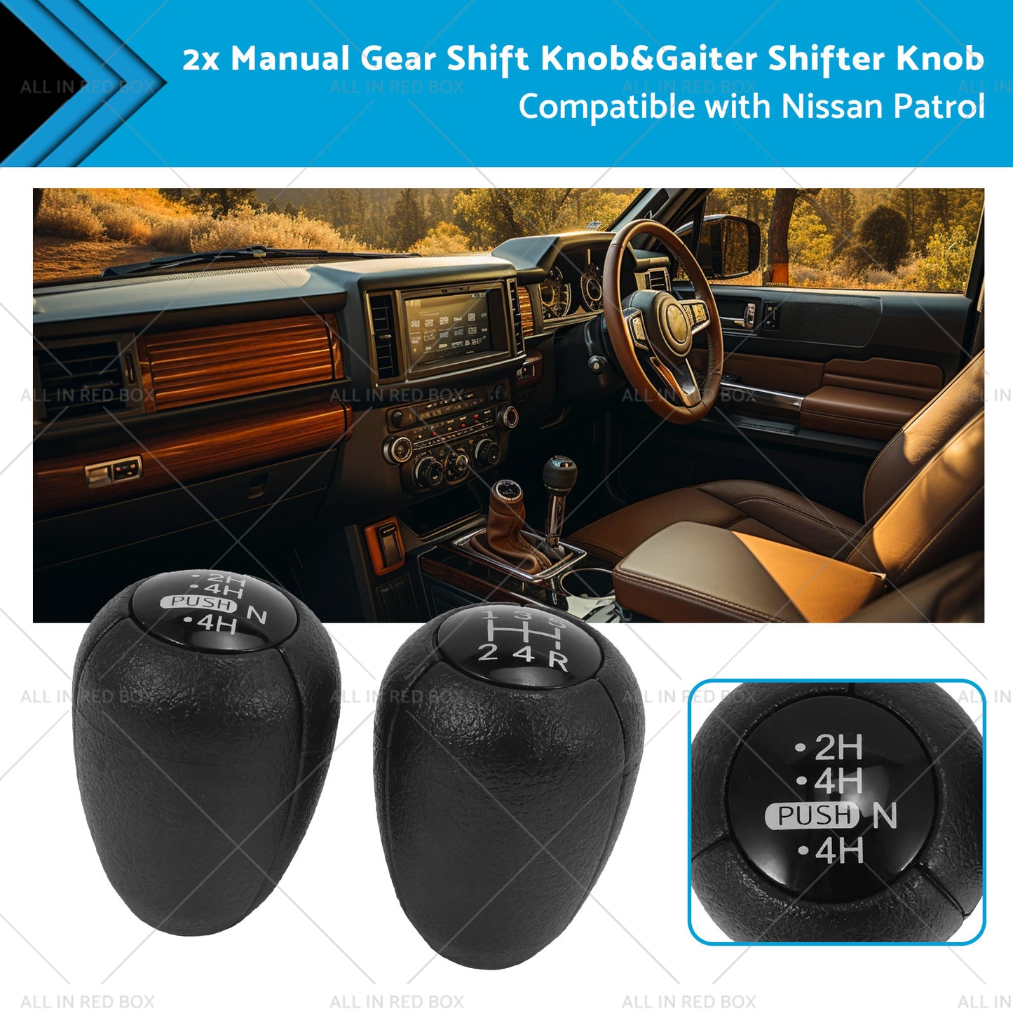 2PCS 5-Speed Push Gear Shift Knob and Transfer Case Konb Suitable for Nissan Patrol