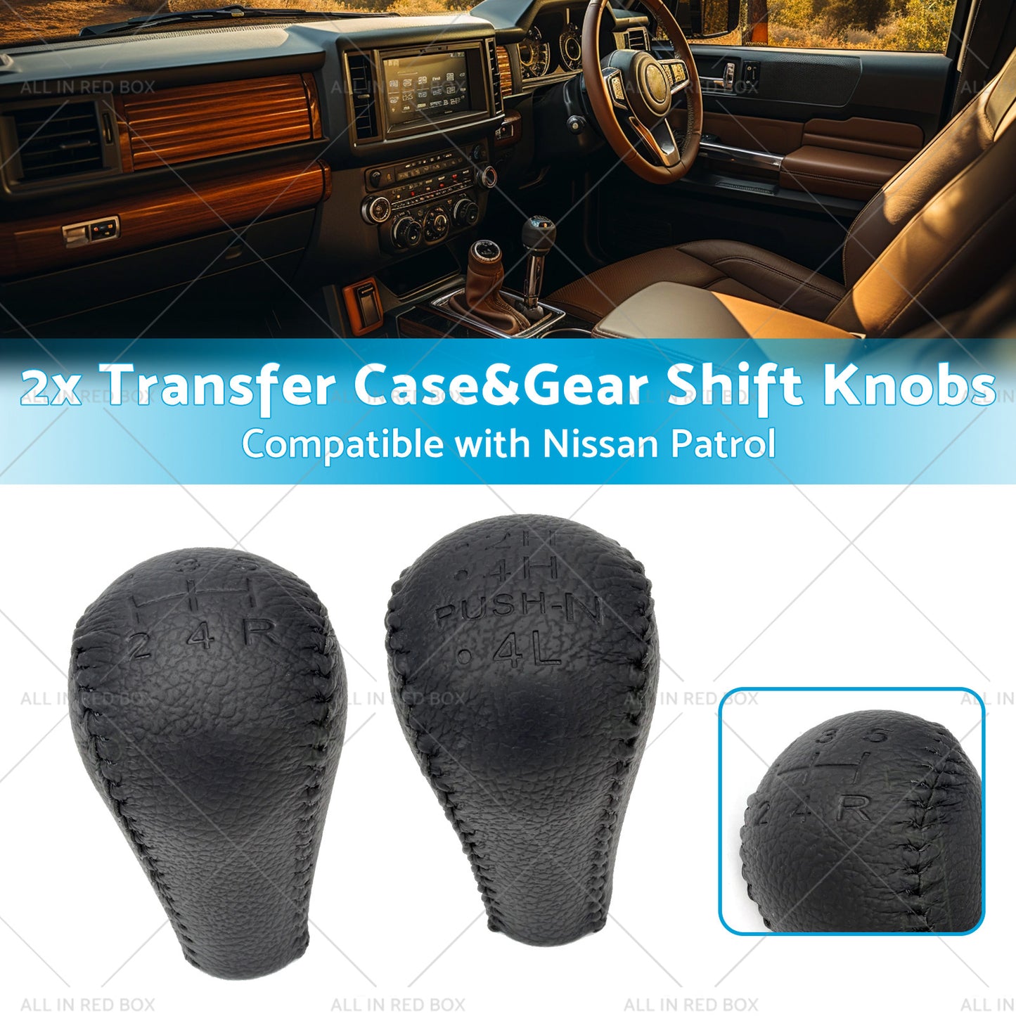 Black 2x Leather Transfer Case and Gear Shift Knobs Suitable for Nissan Patrol GQ GU