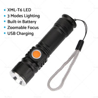 1pcs Black USB Rechargeable LED Flashlight Waterproof Torch Outdoor