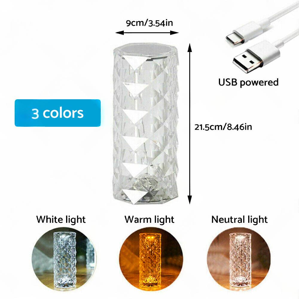 Crystal Table Lamp With Rose Diamond Touch LED Light Suitable For Universal Use, 3 or 16 Color, USB Powered