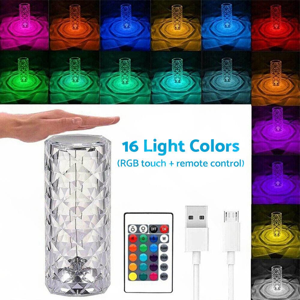 Crystal Table Lamp With Rose Diamond Touch LED Light Suitable For Universal Use, 3 or 16 Color, USB Powered
