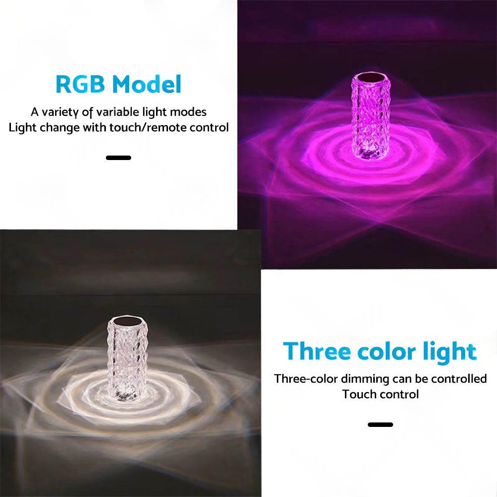 Crystal Table Lamp With Rose Diamond Touch LED Light Suitable For Universal Use, 3 or 16 Color, USB Powered