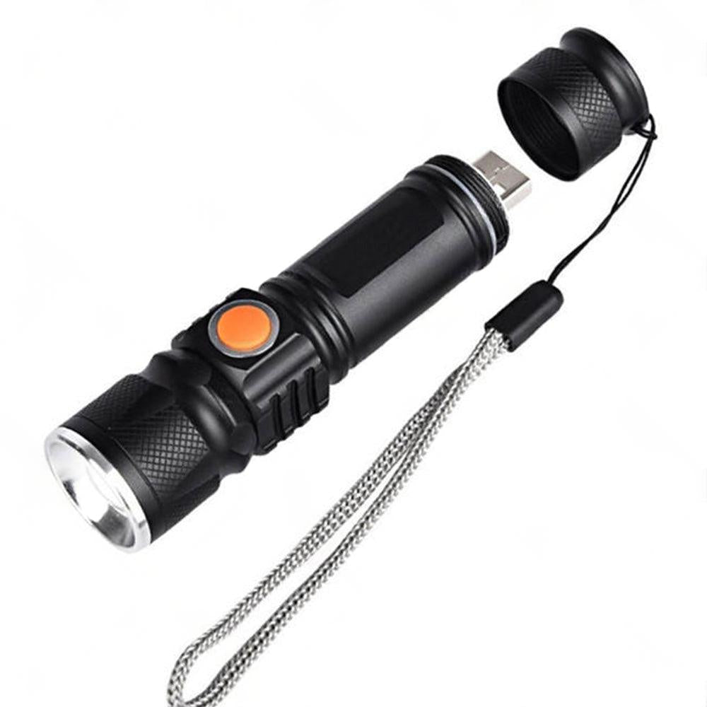 1x Black USB Rechargeable LED Flashlight Torch Suitable For Outdoor Use, Waterproof