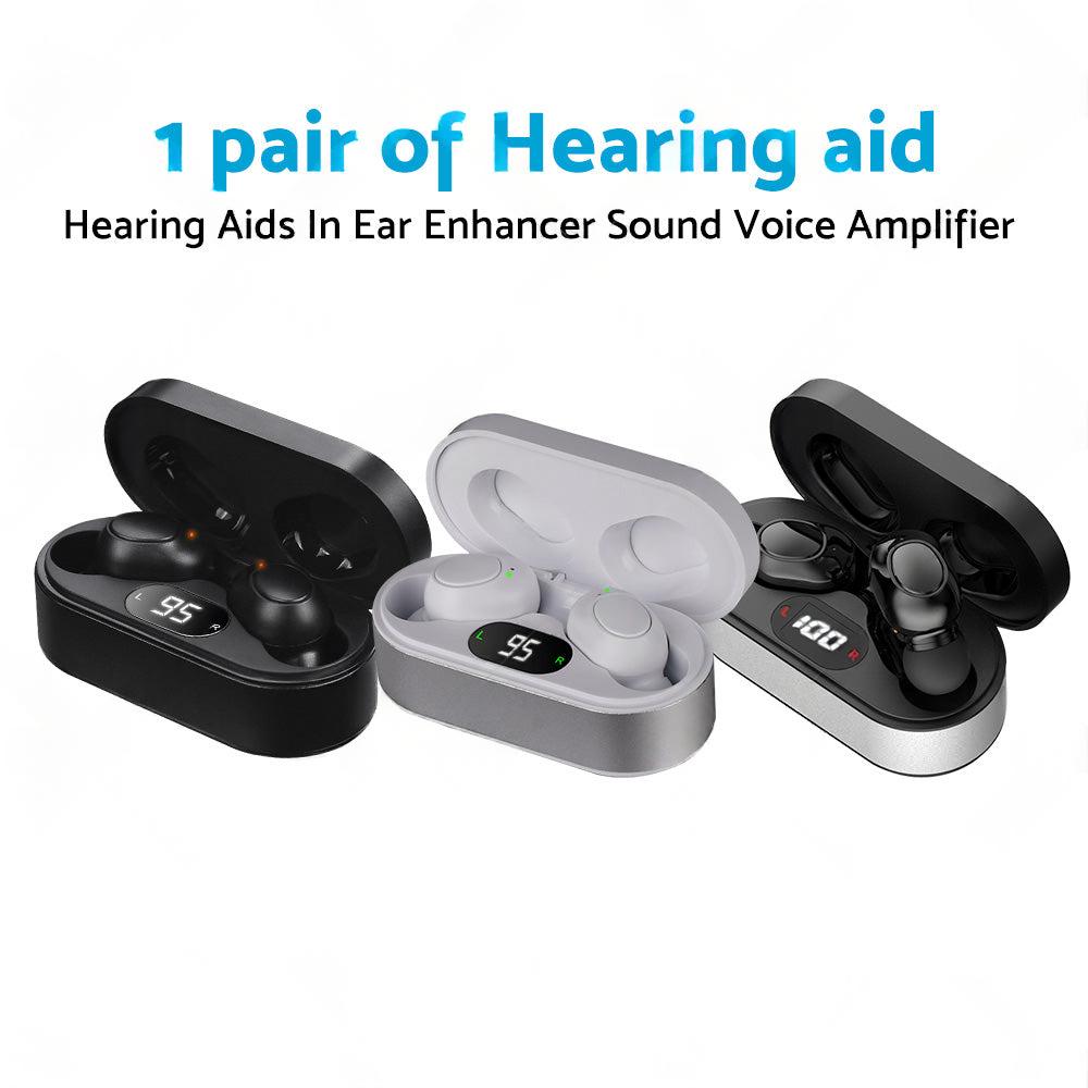 1 pair of digital rechargeable hearing aids, voice amplifier – Silver + Black, in-ear sound amplifiers