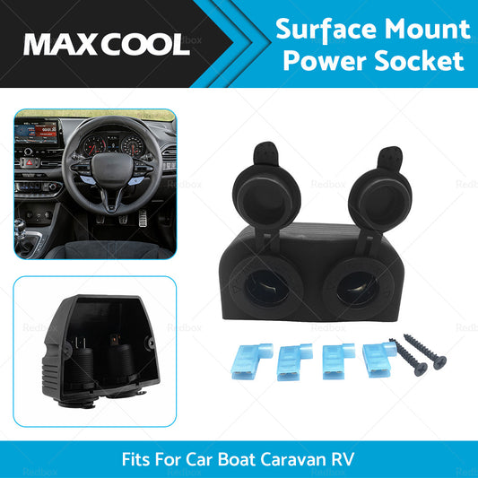 12V-24V DOUBLE SURFACE MOUNT DUAL POWER SOCKET BLACK Cigarette Boat Caravan RV