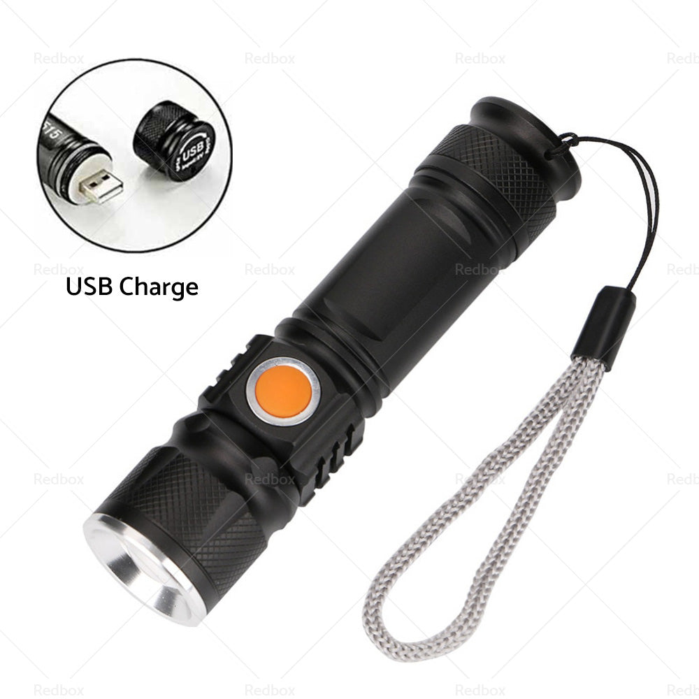 1pcs Black USB Rechargeable LED Flashlight Waterproof Torch Outdoor