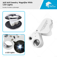 30X 60X Jewelry Loupe LED Lighted Illuminated Jewelers Eye Loop 2 Lens Magnifier