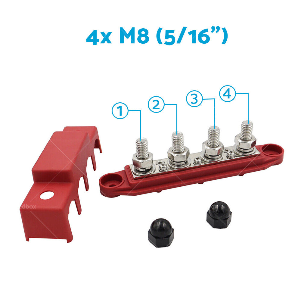 2PCS M8 4 Post 250A DC 48V Studs Bus Bar Power Distribution Box Terminal Block